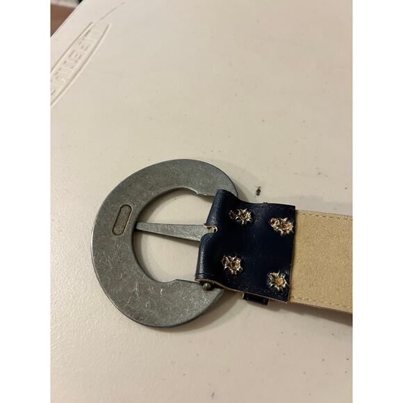 Vintage Chunky Silver Buckle Midnight Blue Leather Wide Belt Size Small main image 14